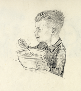 39698 Afbeelding van een jongetje met een kom met eten voor zich in de uitdeelpost Paulushuis te Utrecht.